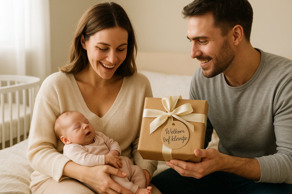 Gelukkige ouders met kraamcadeau en baby